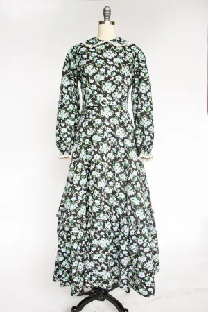 1930s Dress Dark Floral Cotton Ruffle Peasant Bonnet Set M