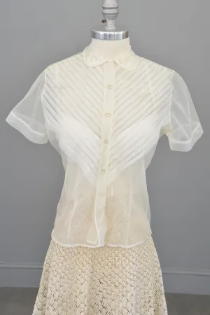 1950s White Sheer Nylon Pleated Blouse