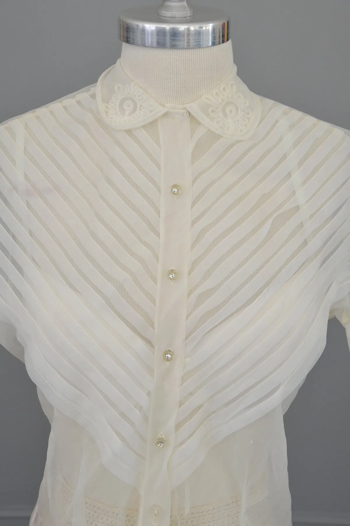 1950s White Sheer Nylon Pleated Blouse