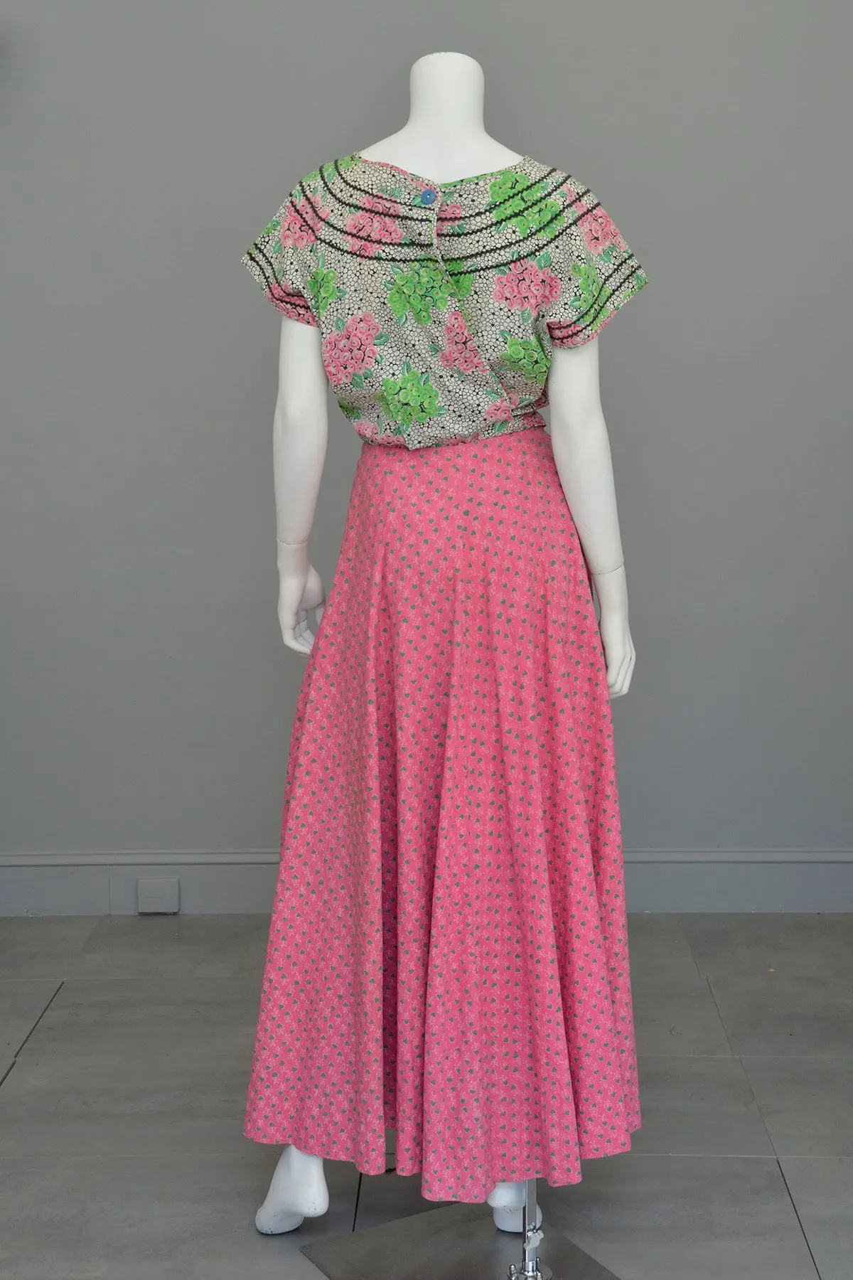 1970s Preppy Pink and Green Heart Shaped Floral Print Button Down Maxi Skirt