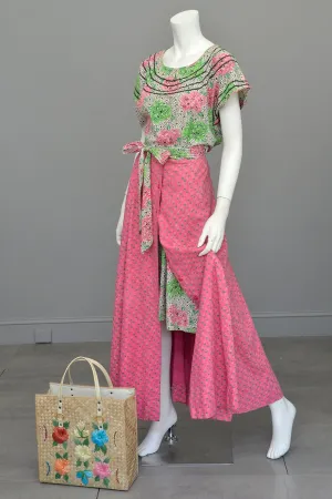 1970s Preppy Pink and Green Heart Shaped Floral Print Button Down Maxi Skirt