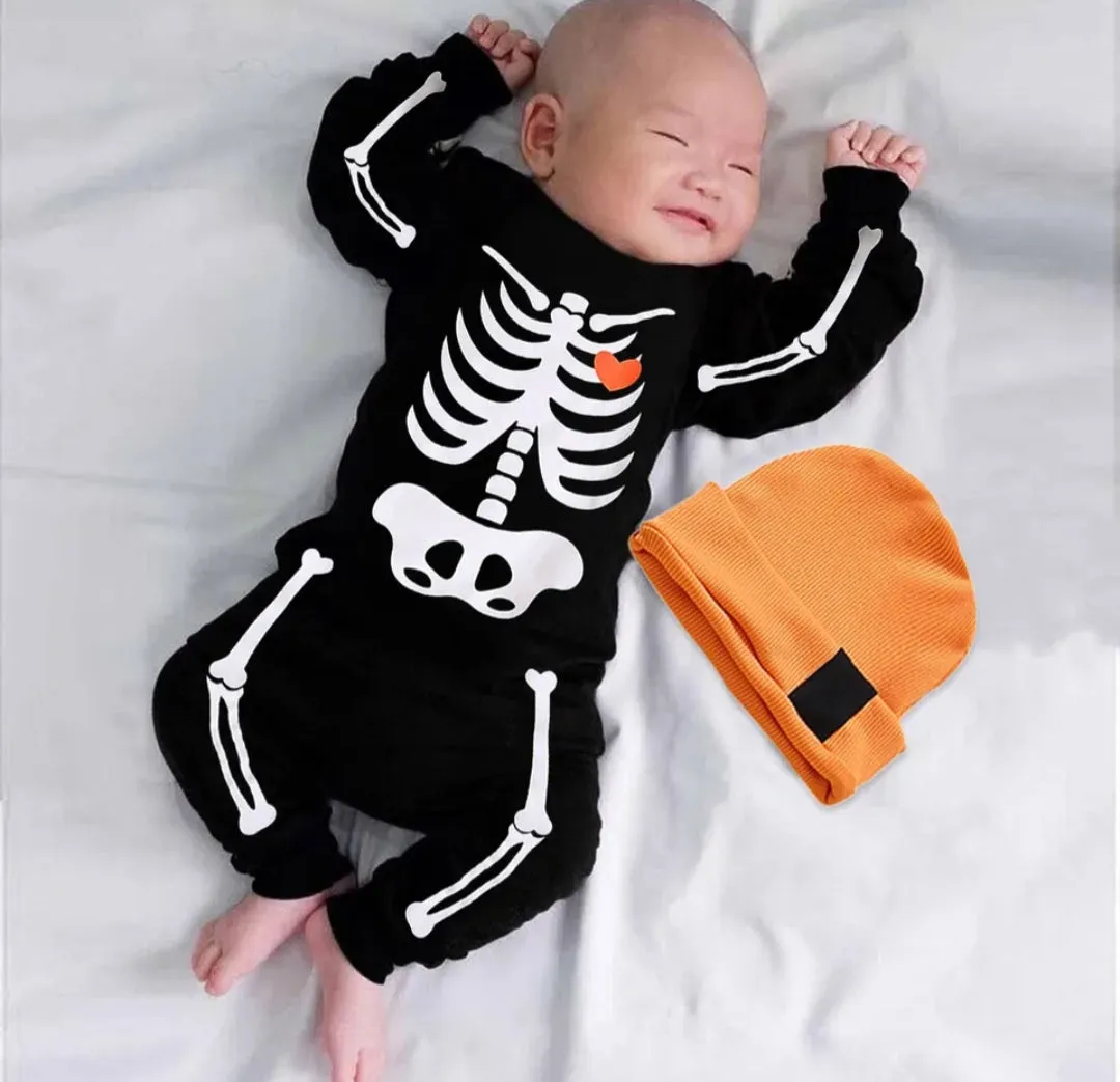 $5.00 - 0-3MX4 -  Halloween Skeleton Romper with Orange Heart