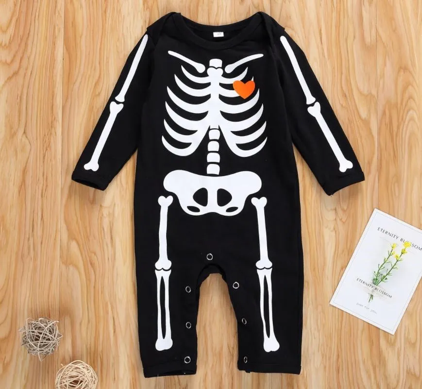 $5.00 - 0-3MX4 -  Halloween Skeleton Romper with Orange Heart