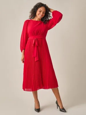 A-Line Balloon Sleeve Midi Dress, Crimson