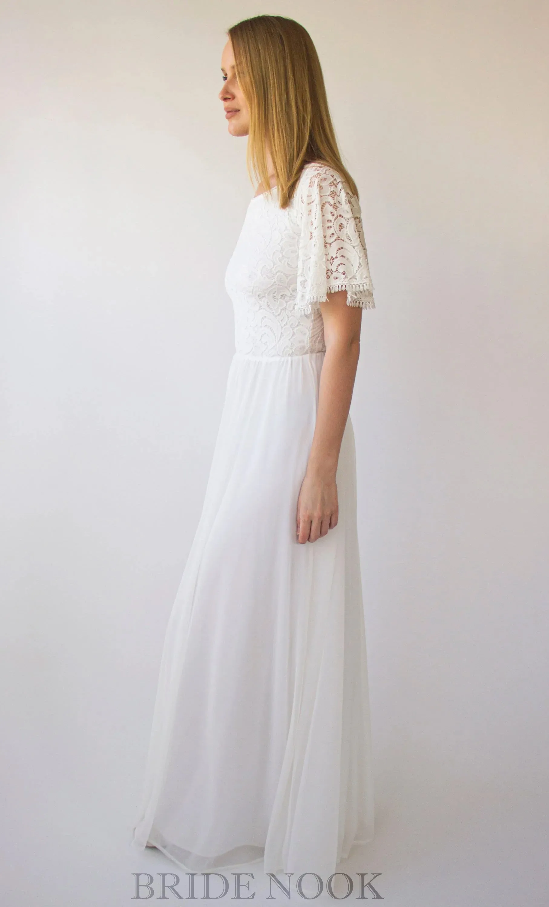 A Line Boho Lace Wedding Dress With Short Sleeves & Chiffon Maxi Skirt