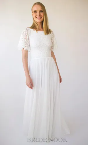 A Line Boho Lace Wedding Dress With Short Sleeves & Chiffon Maxi Skirt