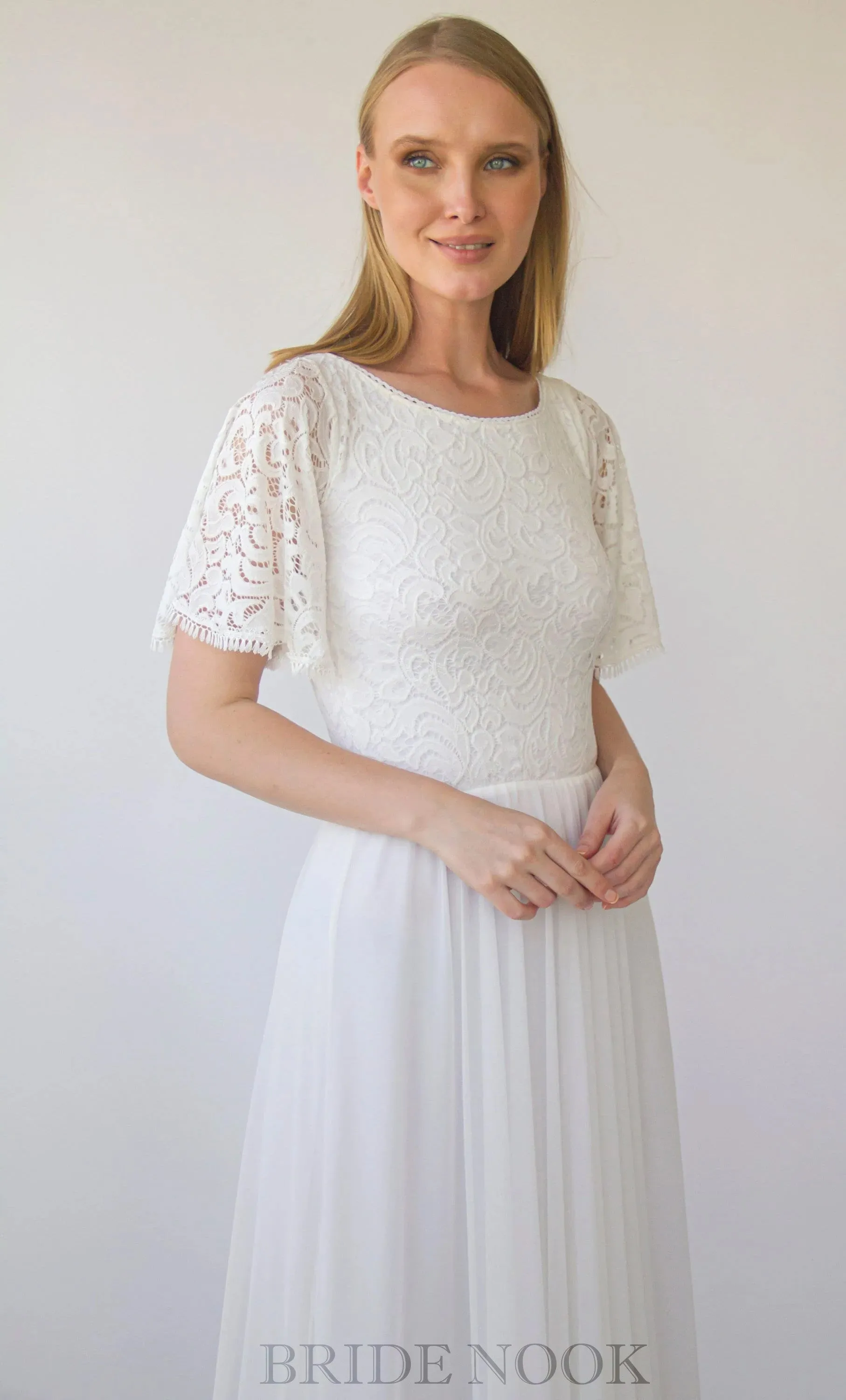 A Line Boho Lace Wedding Dress With Short Sleeves & Chiffon Maxi Skirt