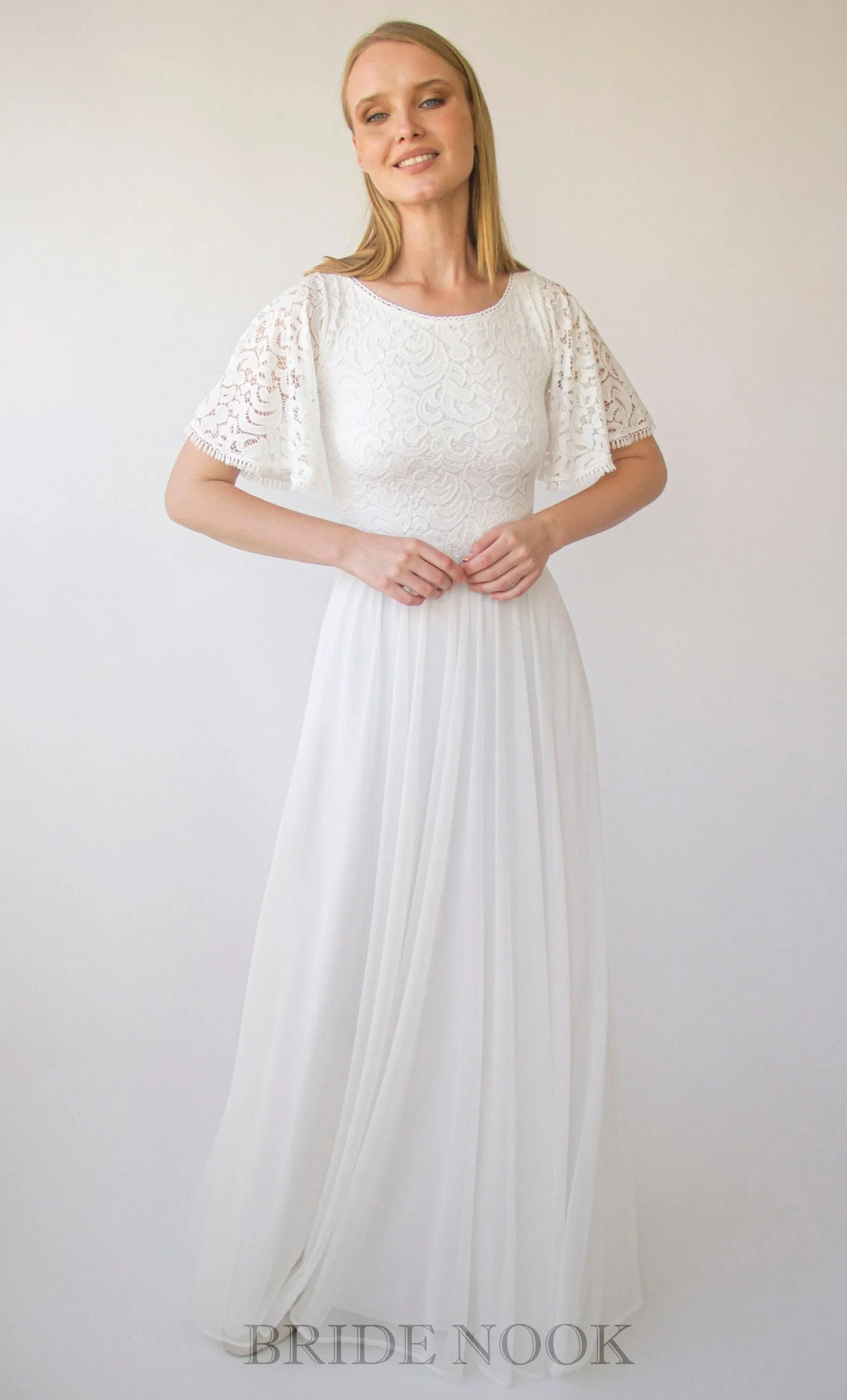 A Line Boho Lace Wedding Dress With Short Sleeves & Chiffon Maxi Skirt