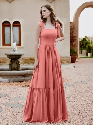 A-Line Bow Ruffle Sleeveless Chiffon Dress Sunset Plus Size