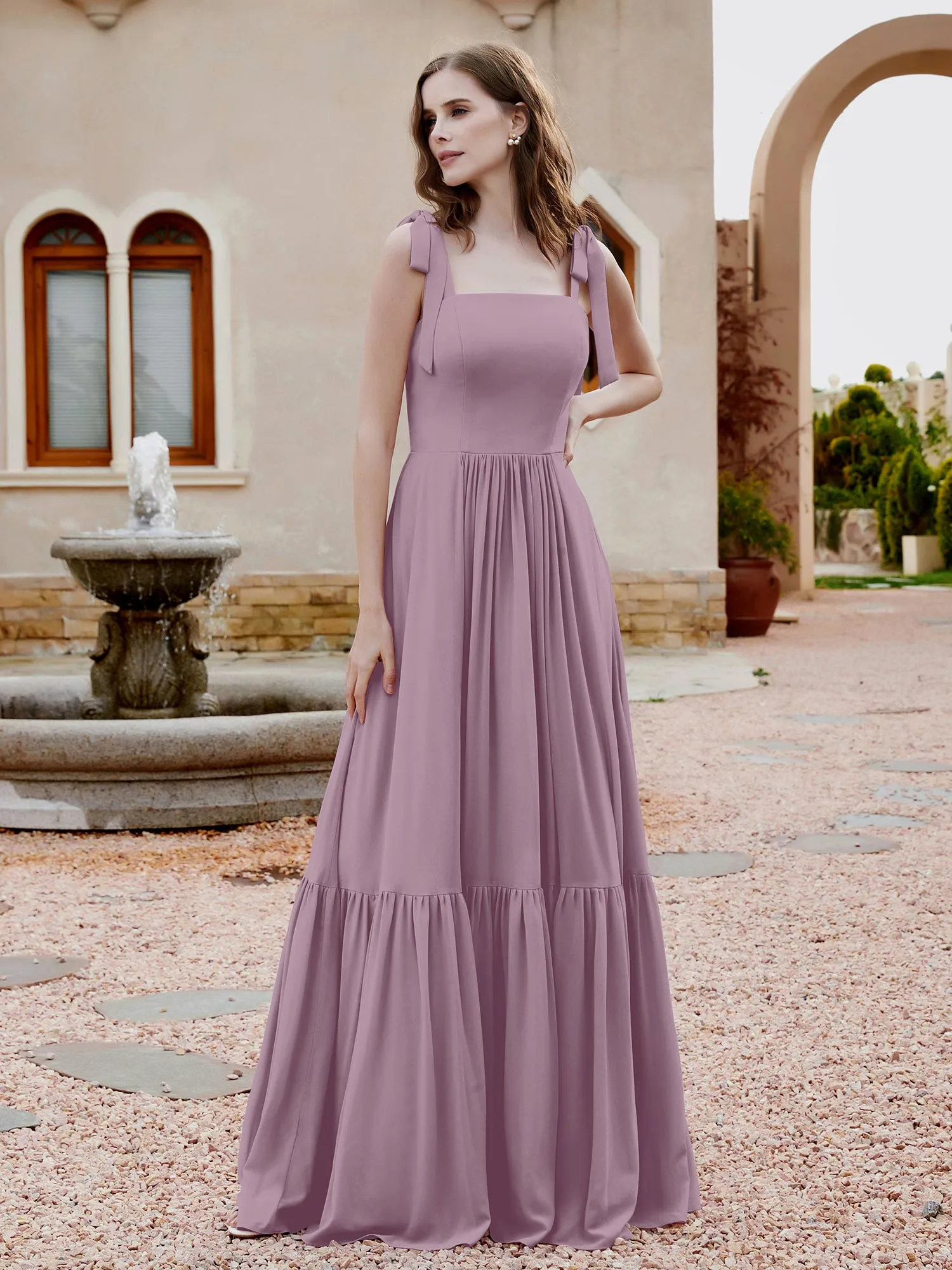 A-Line Bow Ruffle Sleeveless Chiffon Dress Vintage Mauve