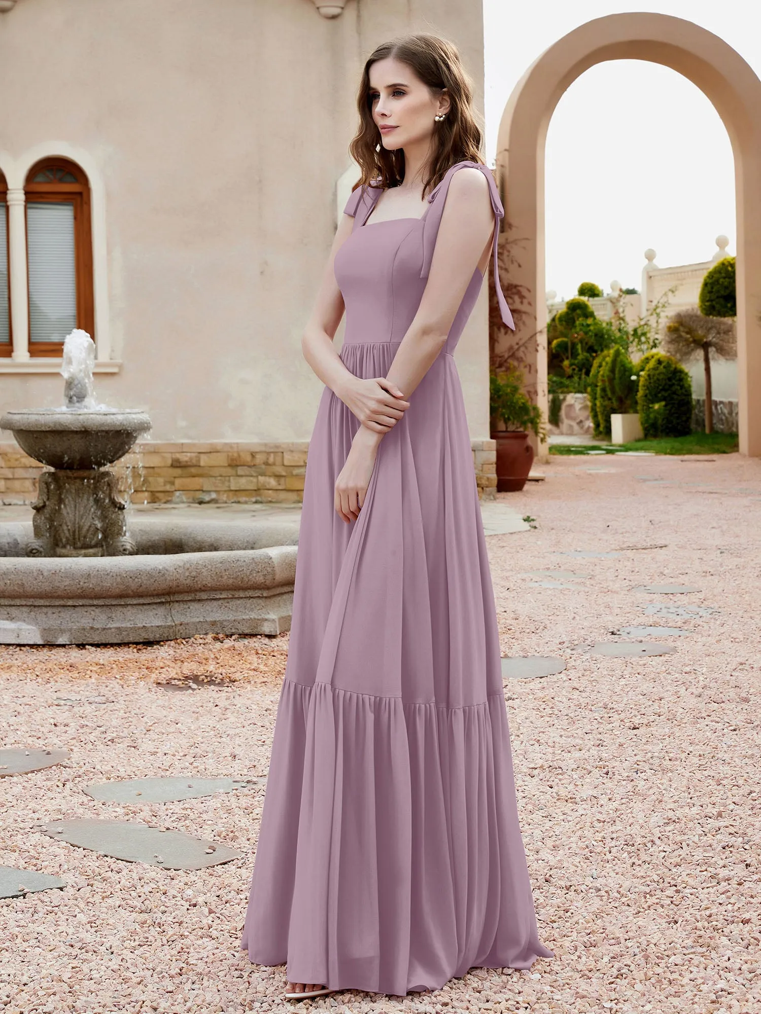 A-Line Bow Ruffle Sleeveless Chiffon Dress Vintage Mauve