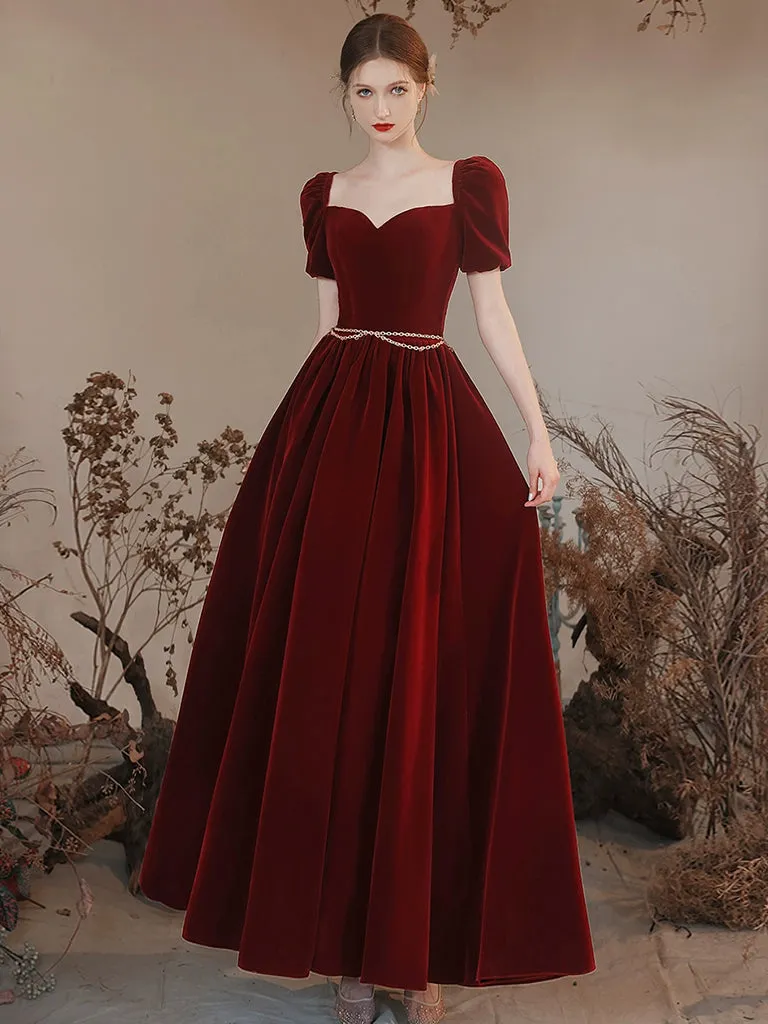 A-line Sweetheart Neck Velvet Burgundy Long Prom Dress, Burgundy Long Formal Dress