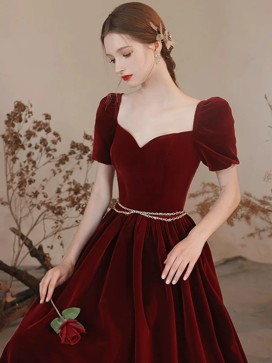 A-line Sweetheart Neck Velvet Burgundy Long Prom Dress, Burgundy Long Formal Dress