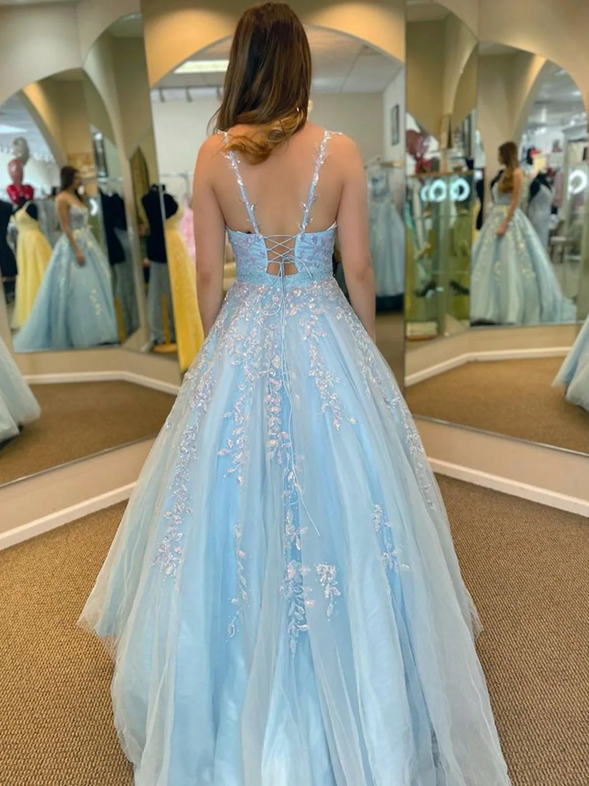 A Line V Neck Open Back Beaded Blue Lace Long Prom Dresses with Belt, Blue Lace Formal Dresses, Beaded Blue Evening Dresses SP2387