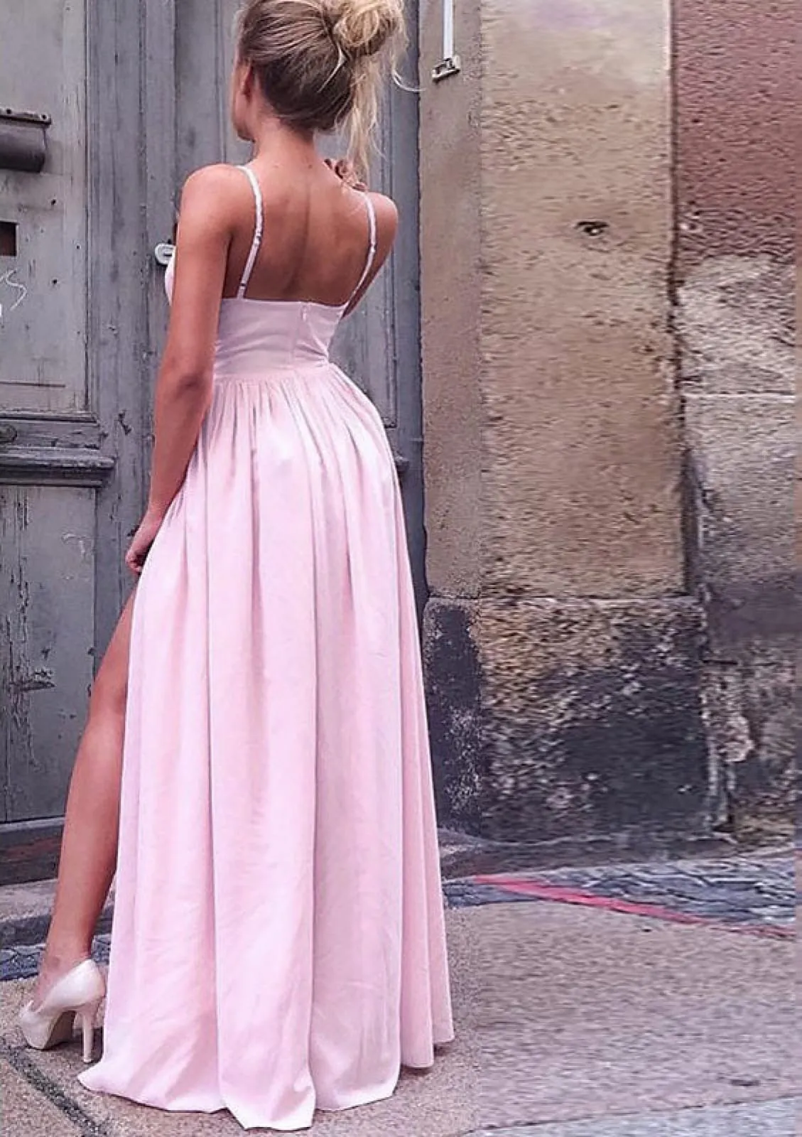 A-line V-neck Spaghetti Strap Open Back Long Satin Split Prom Bridesmaid Dress