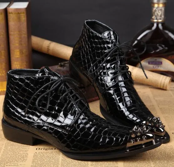 Animal Pattern Pointed Lace up Mens Boots