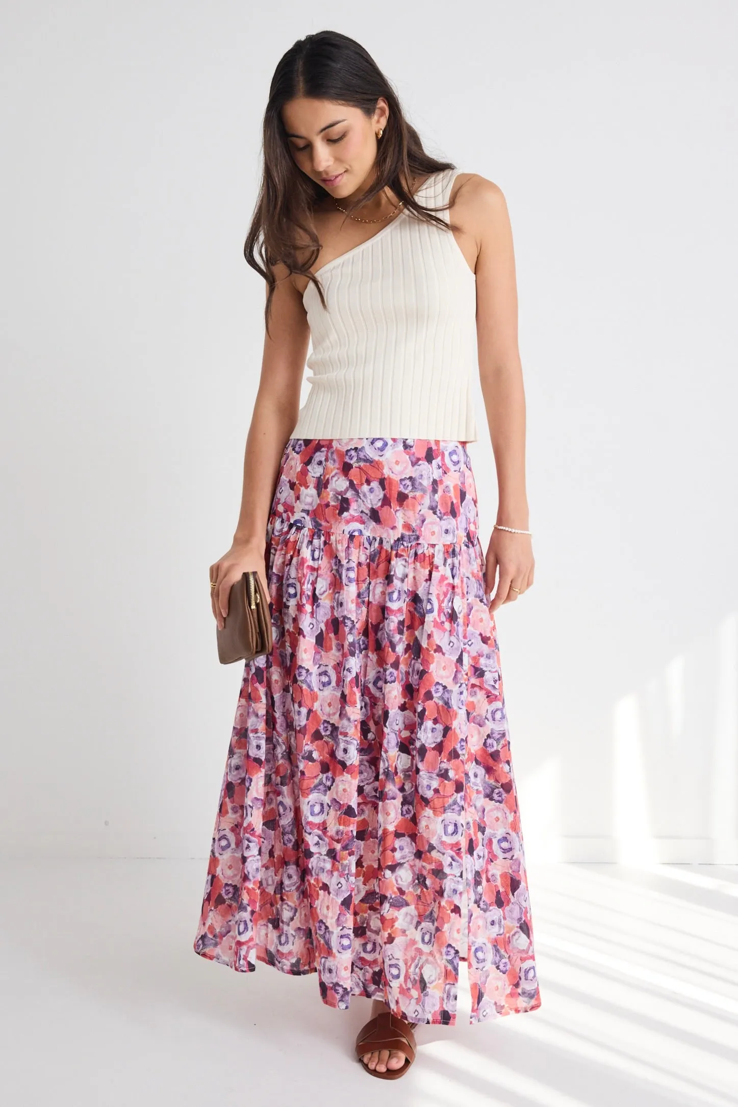 Aquarius Lilac Meadows Tiered Split Front Maxi Skirt