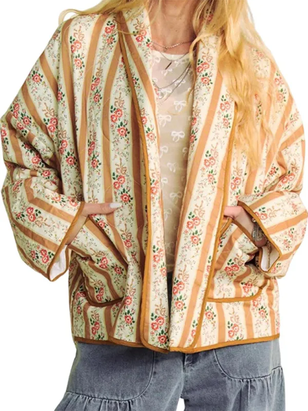 Artistic Floral Quilted Shawl Jacket Boho Throw-On