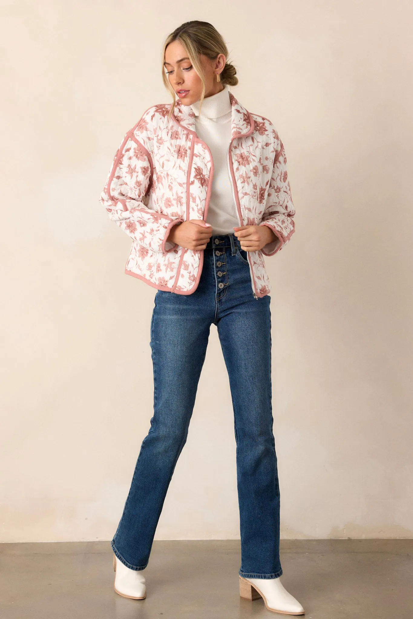 Ask Anyway 100% Cotton Dusty Pink Floral Quilted Jacket