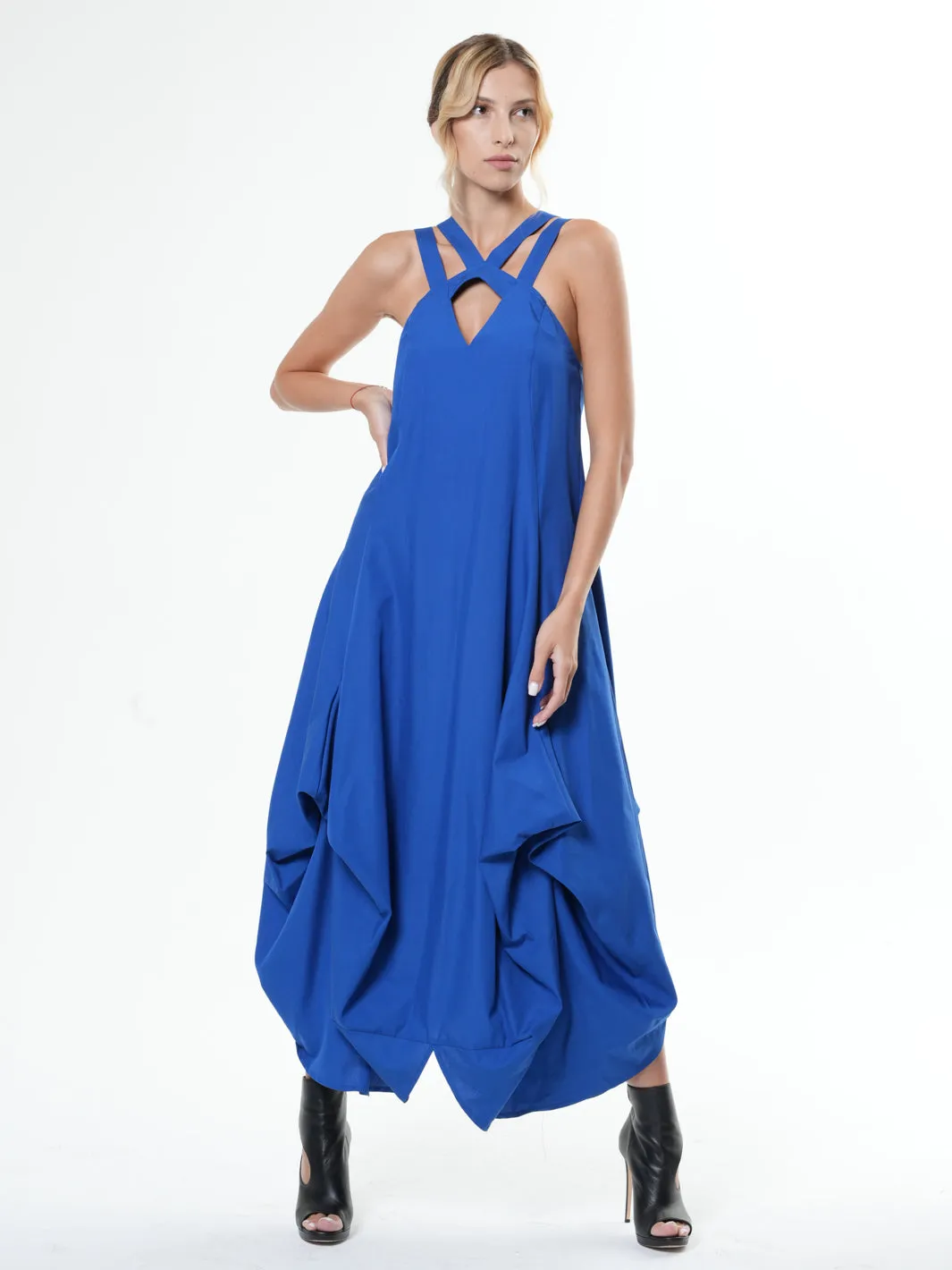 Asymmetric Long Cotton Dress In Royal Blue