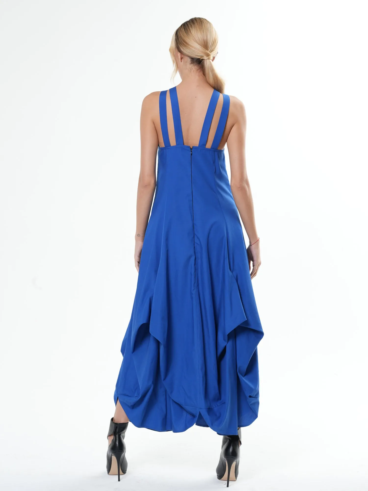 Asymmetric Long Cotton Dress In Royal Blue