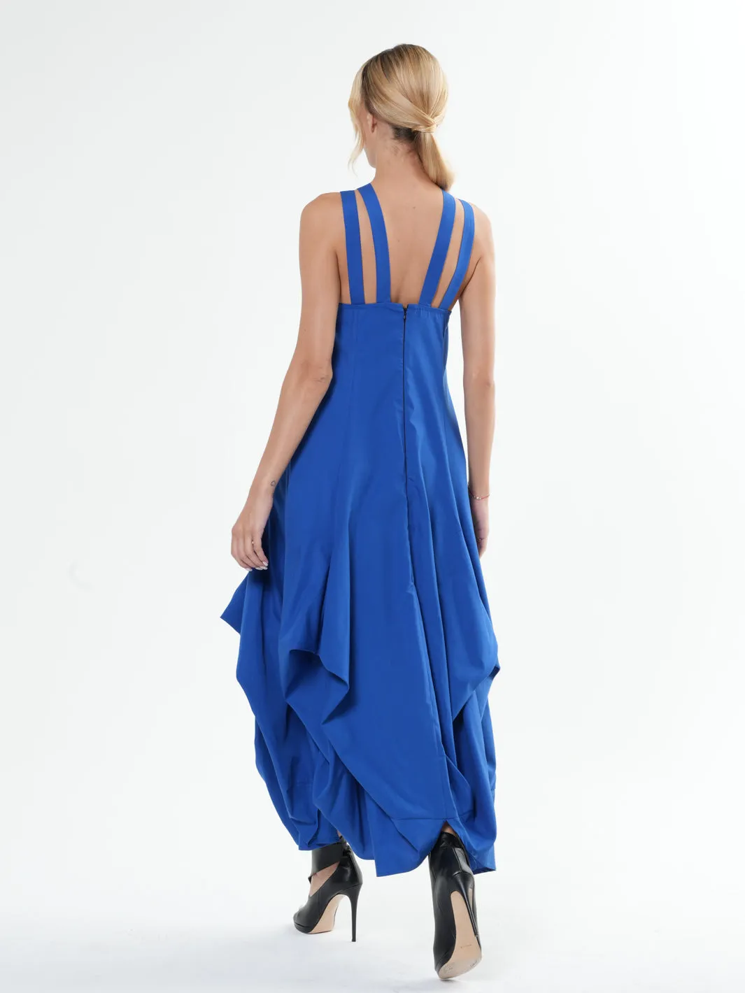 Asymmetric Long Cotton Dress In Royal Blue