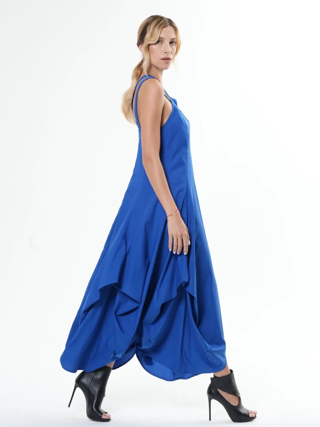 Asymmetric Long Cotton Dress In Royal Blue