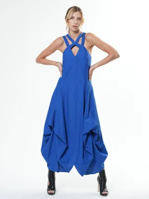 Asymmetric Long Cotton Dress In Royal Blue