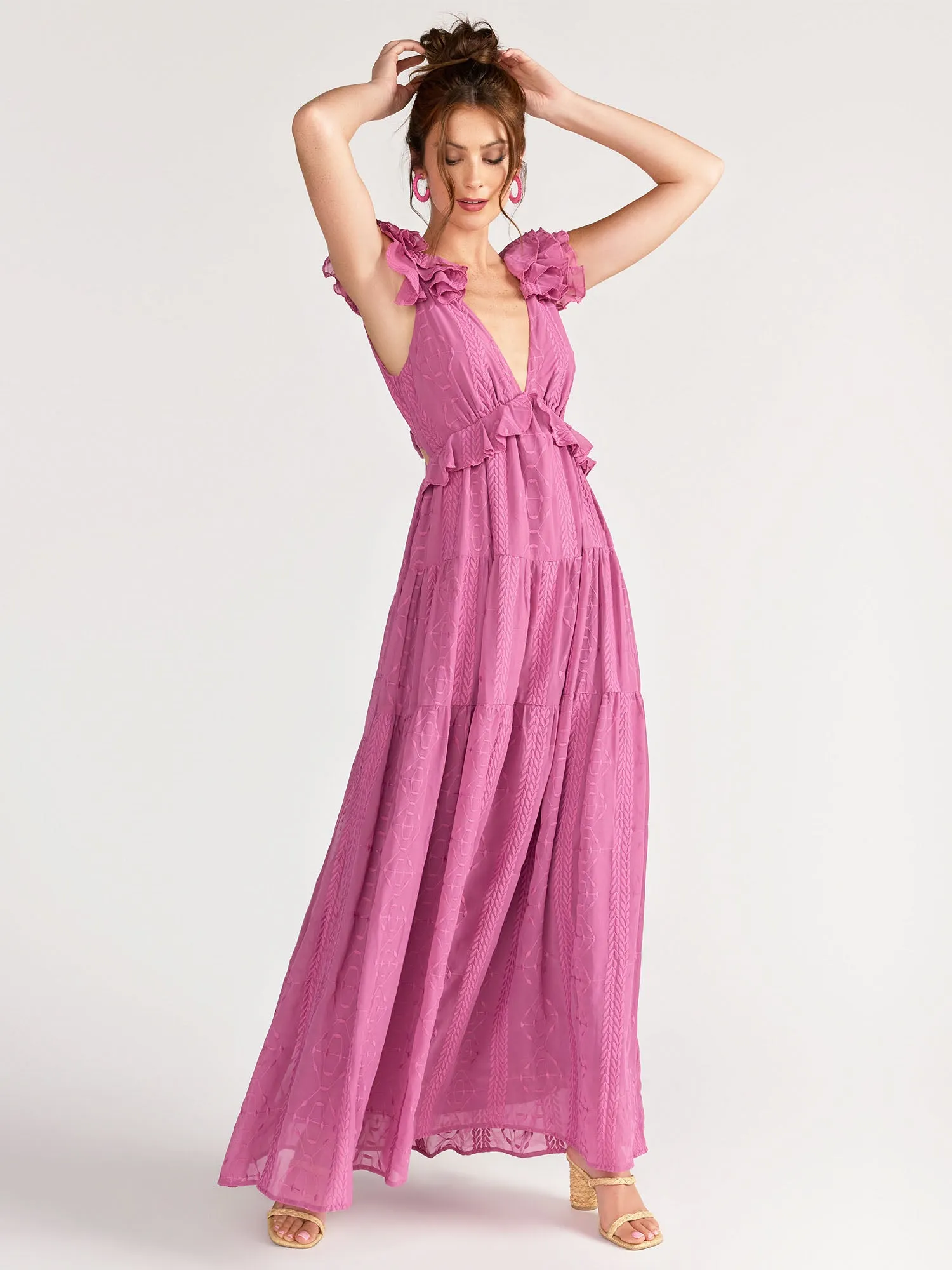 Audrea Ruffle Embroidered Chiffon Maxi Dress - Brands We Love