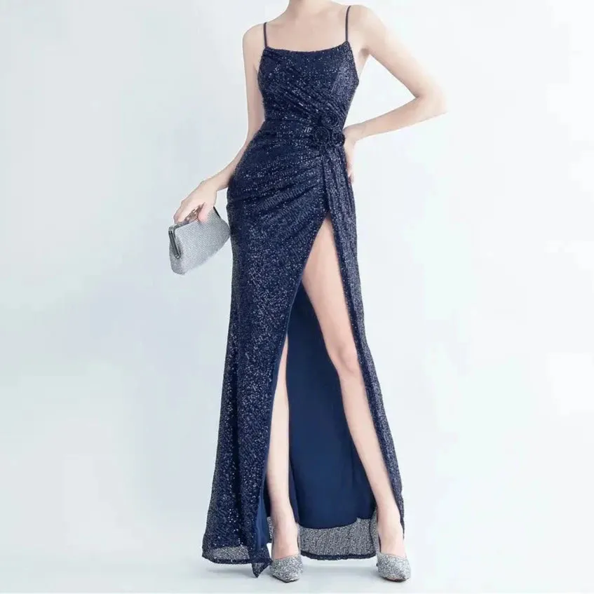 Avery Pleated Sequin Flower Slit Dress