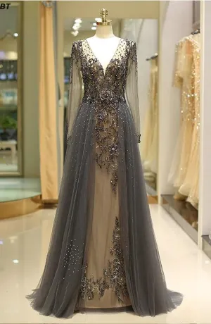 Beaded Prom Dress with Sleeves, Prom Dresses, Evening Dress, Dance Dress, Graduation School Party Gown, PC0390