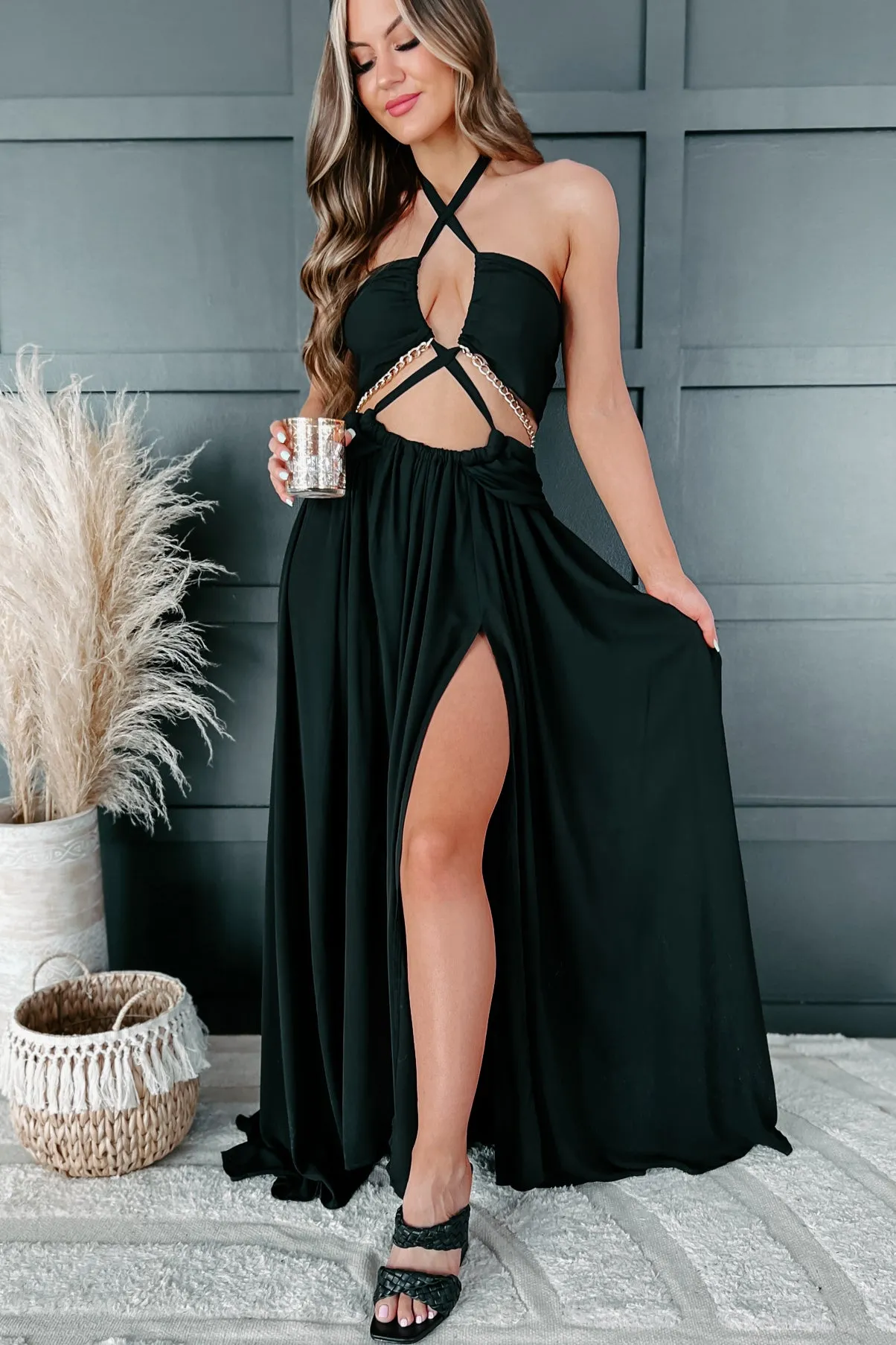 Beautifully Bold Cut-Out Halter Maxi Dress (Black)