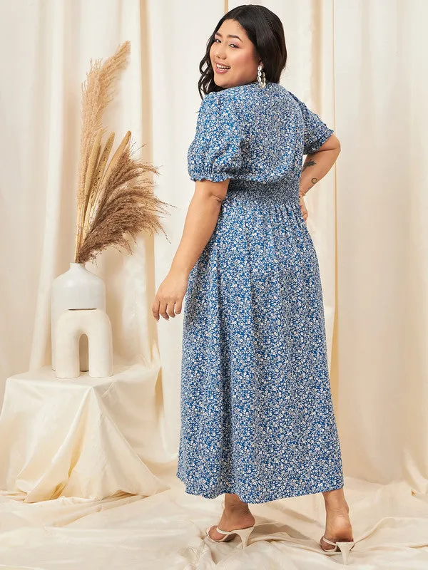 Berrylush Curve Women Blue & White Floral Printed V-Neck Puff Sleeves Smocked Waist A-line Maxi Dress