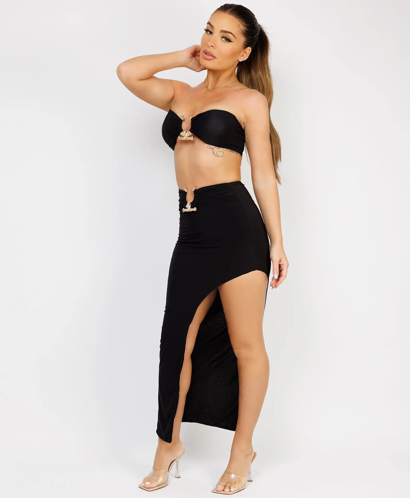 Black Maxi Skirt Bandeau Co Ord With Gold Buckle