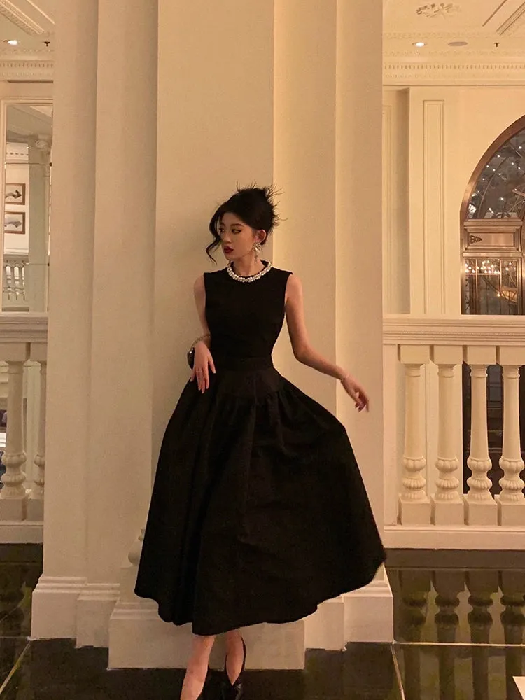 black sleeveless dress for women new style princess puffy long party dress     S5532