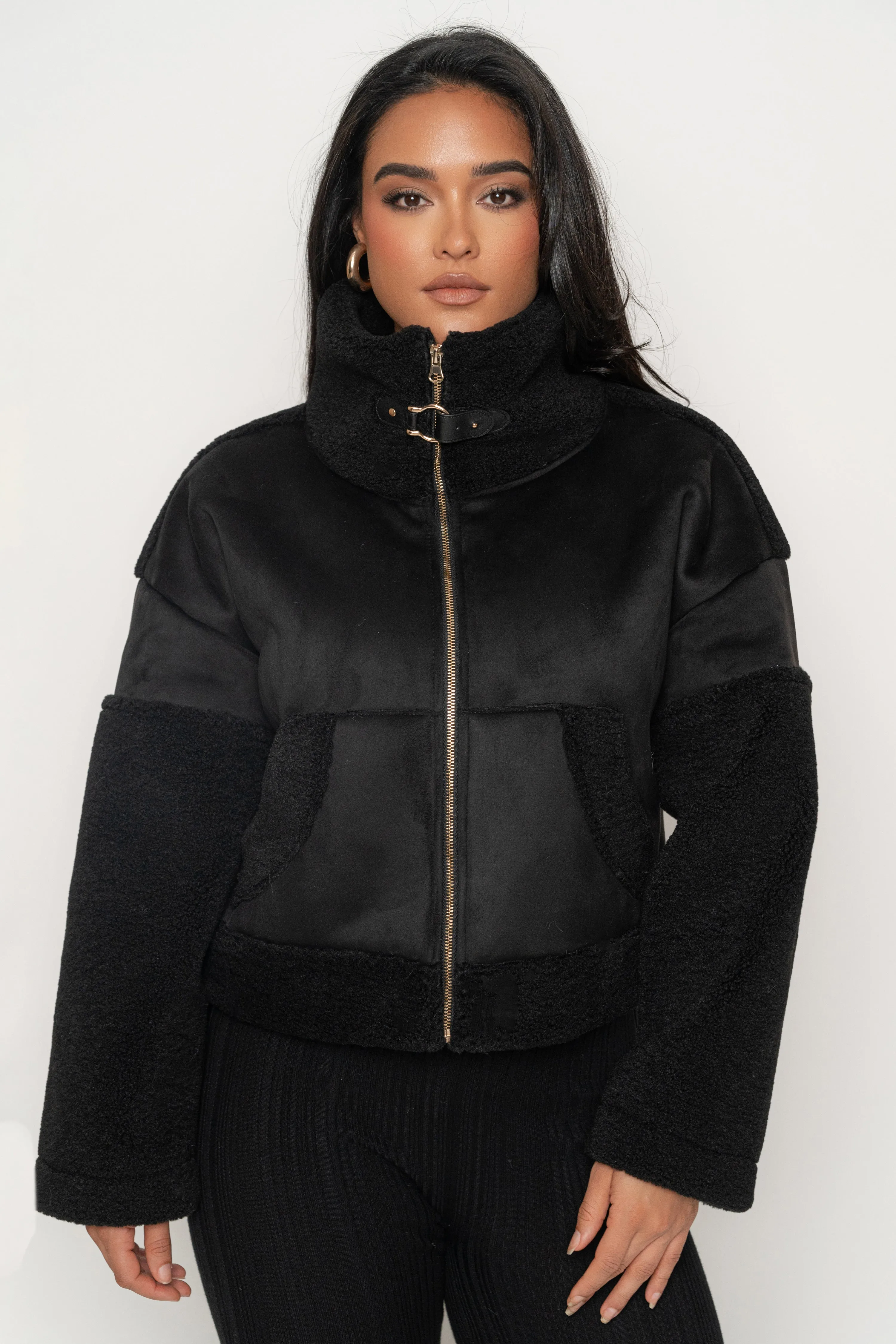 Black Suede And Sherpa Jacket