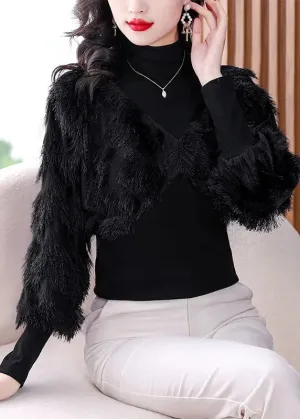 Black Turtleneck Fuzzy Fur Fluffy Tops