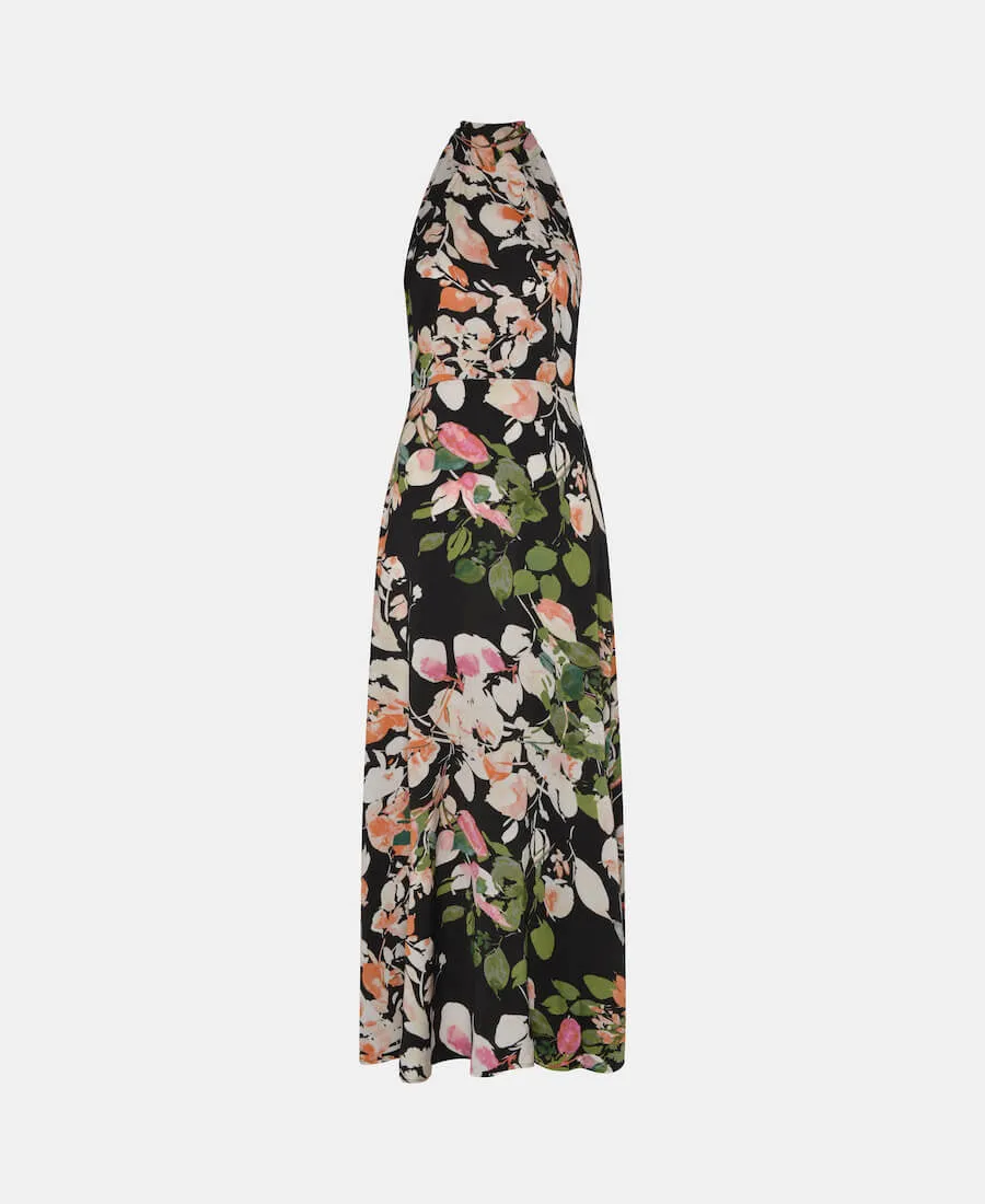 Black Watercolour Floral Halter Neck Maxi Dress