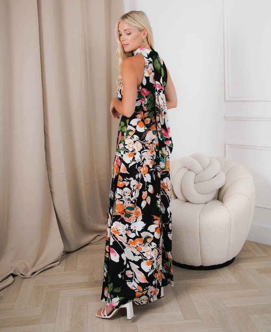 Black Watercolour Floral Halter Neck Maxi Dress