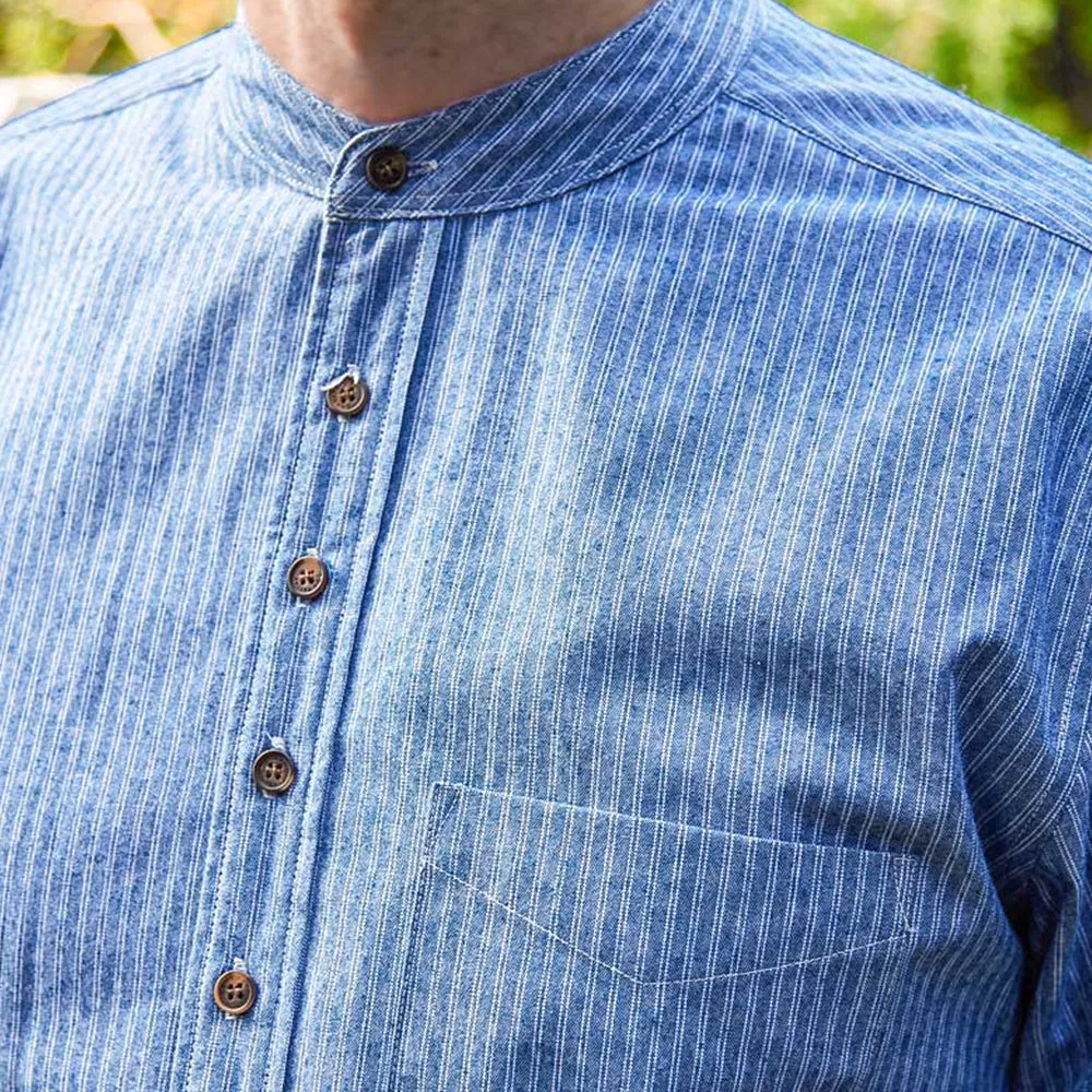 Blue & White Stripe Cotton Grandfather Shirt