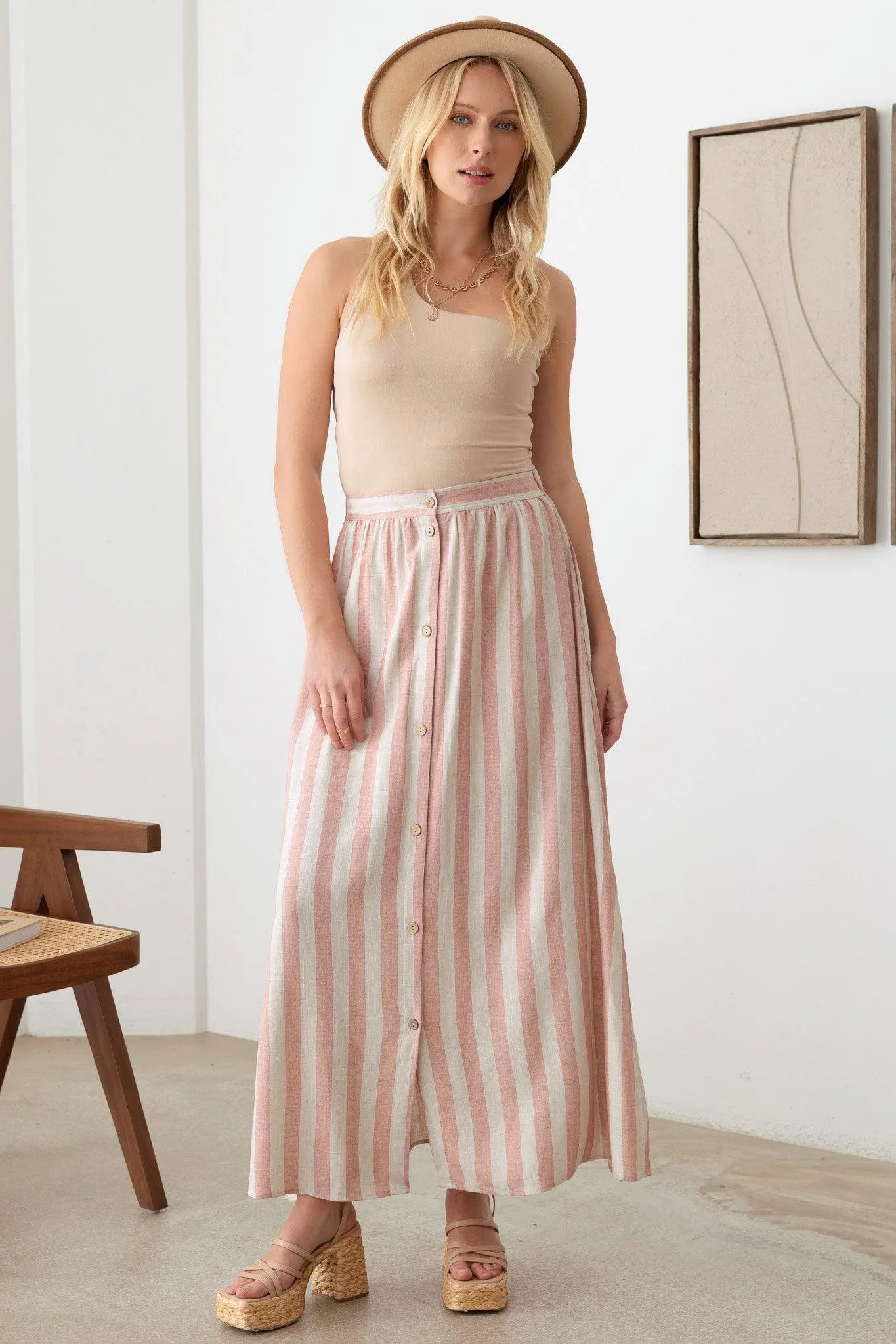 Boho Front Button Elastic Waist Side Slit Maxi Skirt