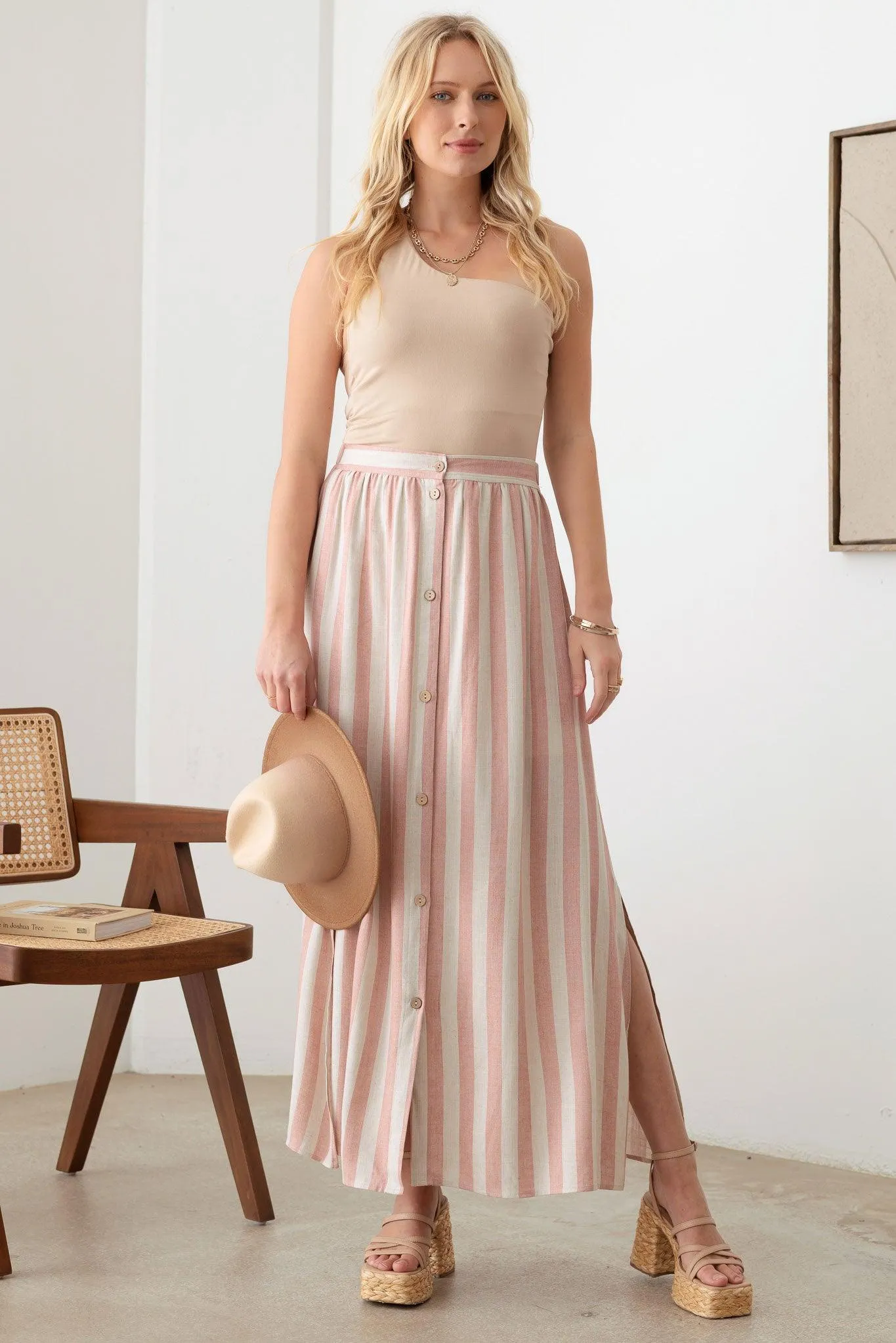 Boho Front Button Elastic Waist Side Slit Maxi Skirt