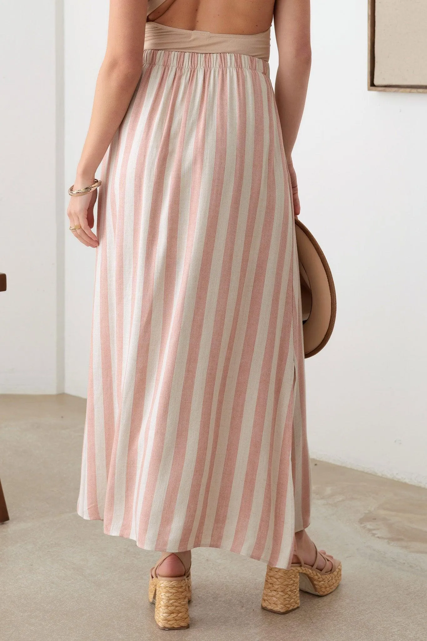 Boho Front Button Elastic Waist Side Slit Maxi Skirt