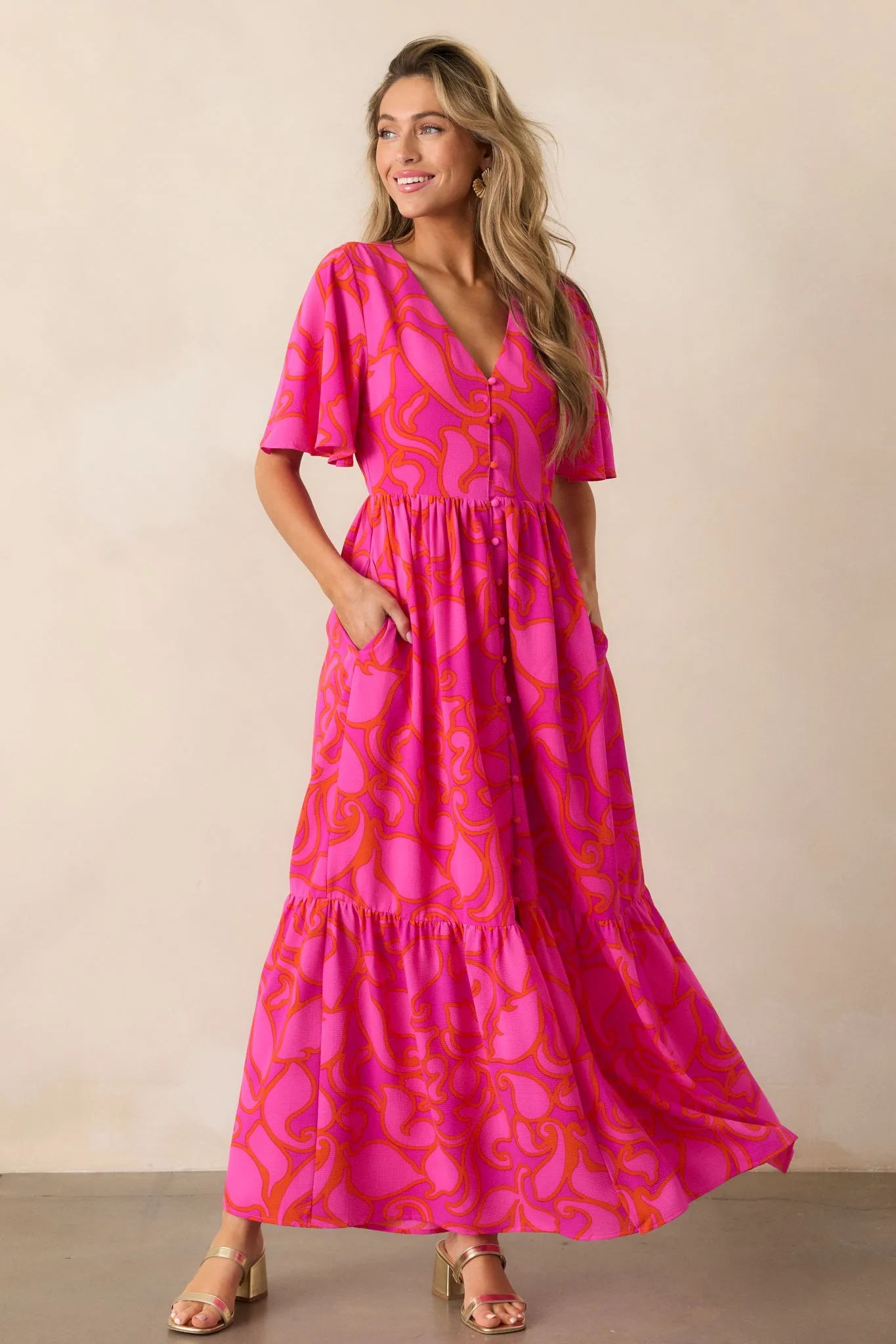 Budding Hearts Magenta Floral Button Front Maxi Dress