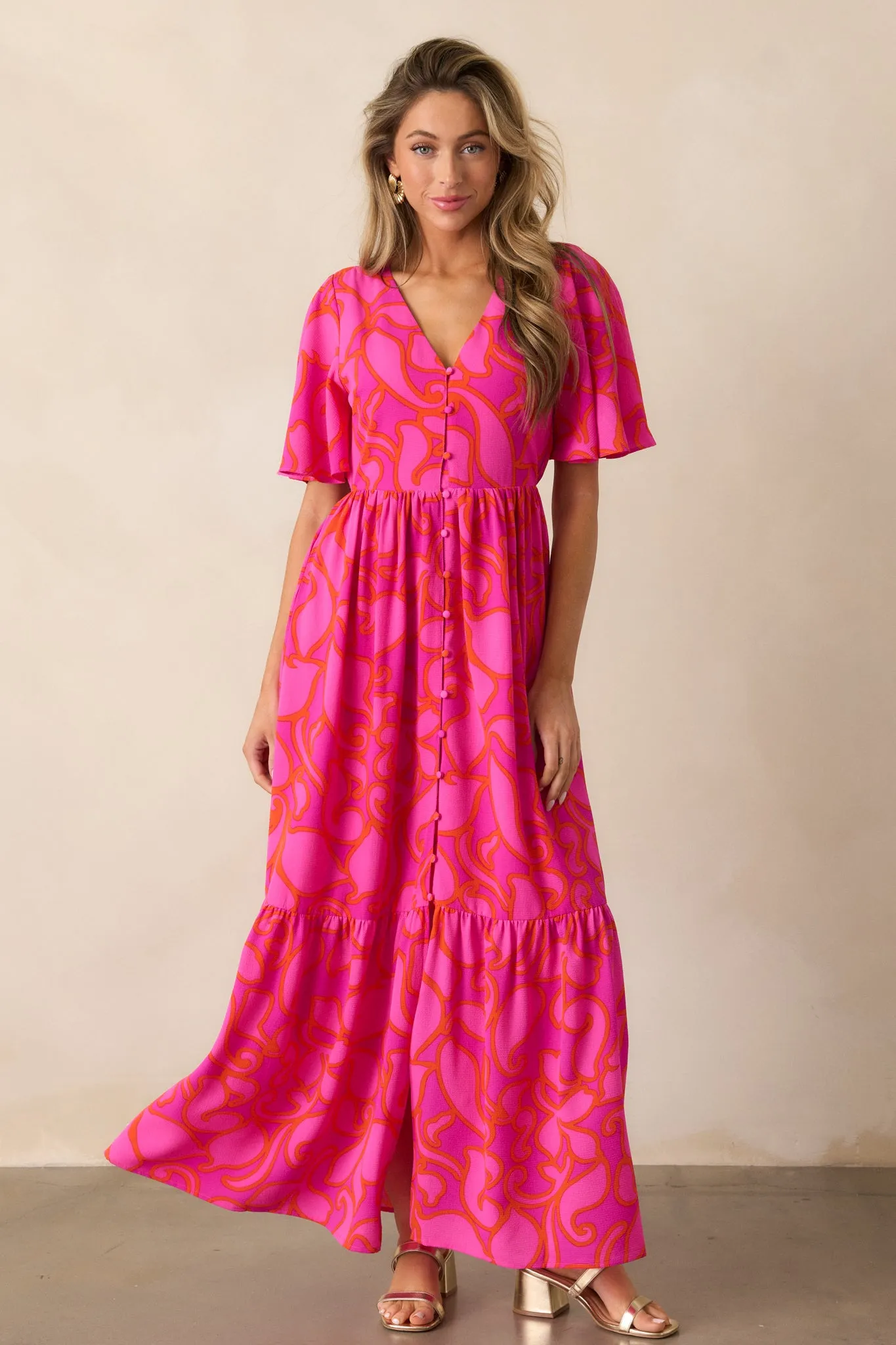 Budding Hearts Magenta Floral Button Front Maxi Dress