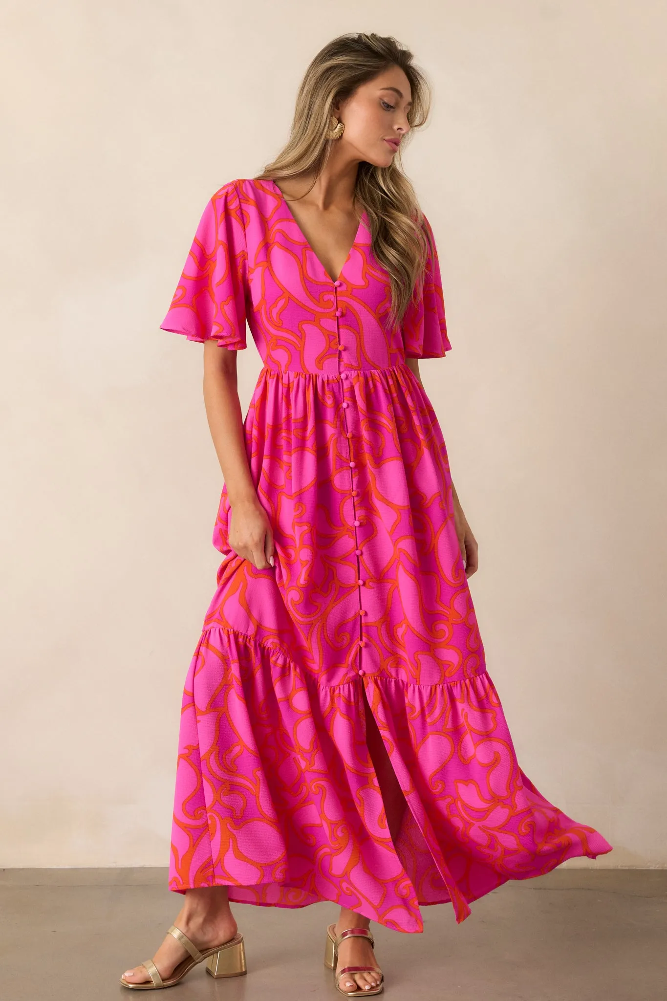 Budding Hearts Magenta Floral Button Front Maxi Dress