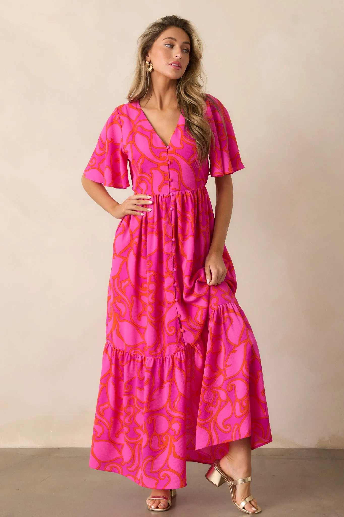 Budding Hearts Magenta Floral Button Front Maxi Dress