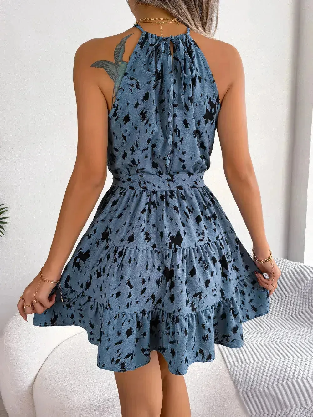 Casual Leopard Print Ruffled Swing Dress Summer Fashion Beach Dresses Women Skater Dress for Chic Ladies.