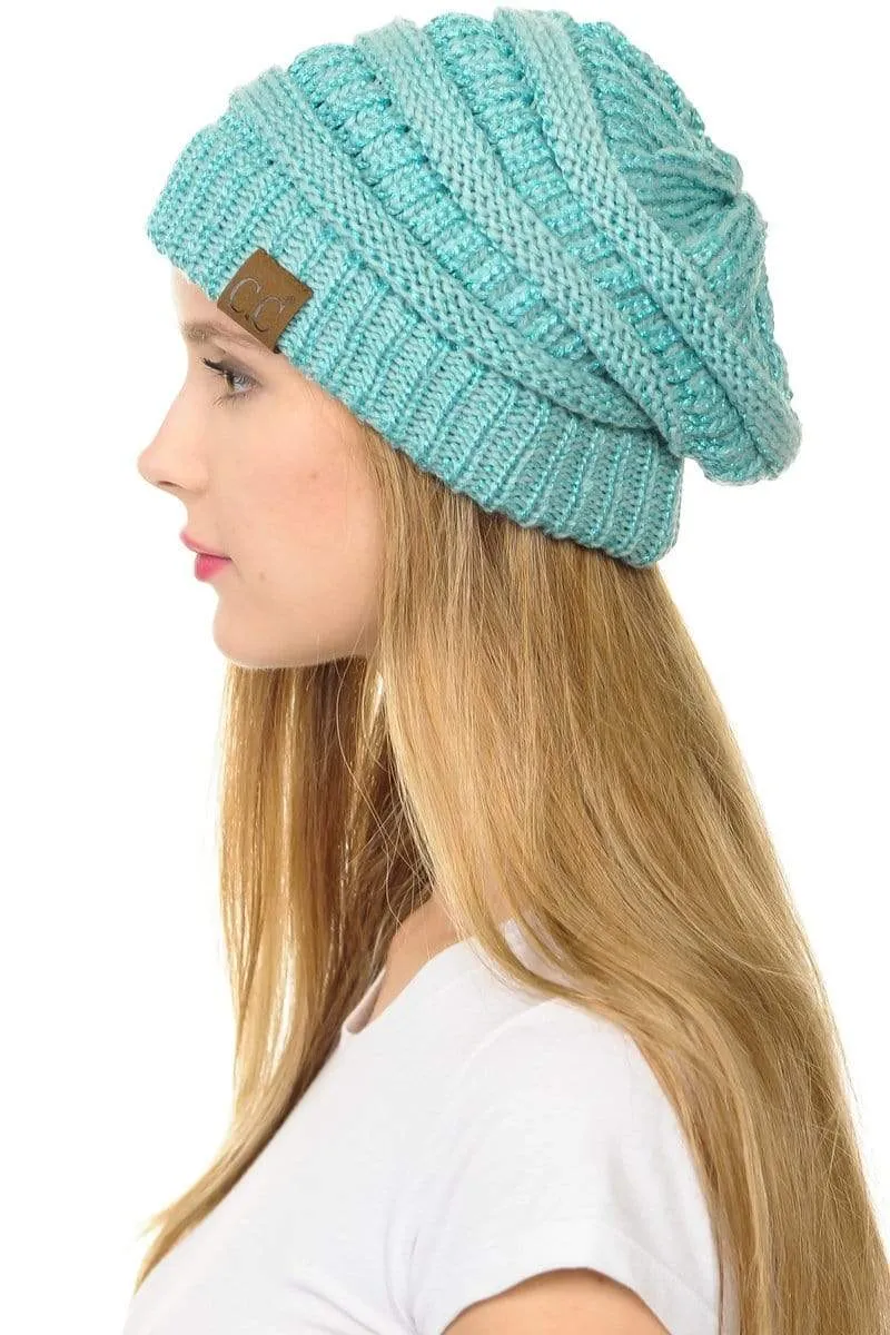 C.C Hat 20AM - Slouchy Thick Warm Cap Hat Skully Metallic Cable Knit Beanie