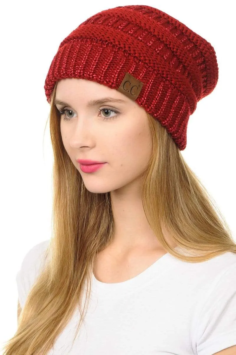 C.C Hat 20AM - Slouchy Thick Warm Cap Hat Skully Metallic Cable Knit Beanie